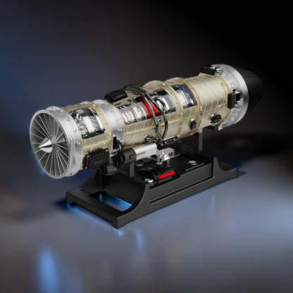The Curious Mind Fighter Jet Turbofan DIY Kit, a detailed mechanical model with transparent casing, silver and red accents, on a black display stand.