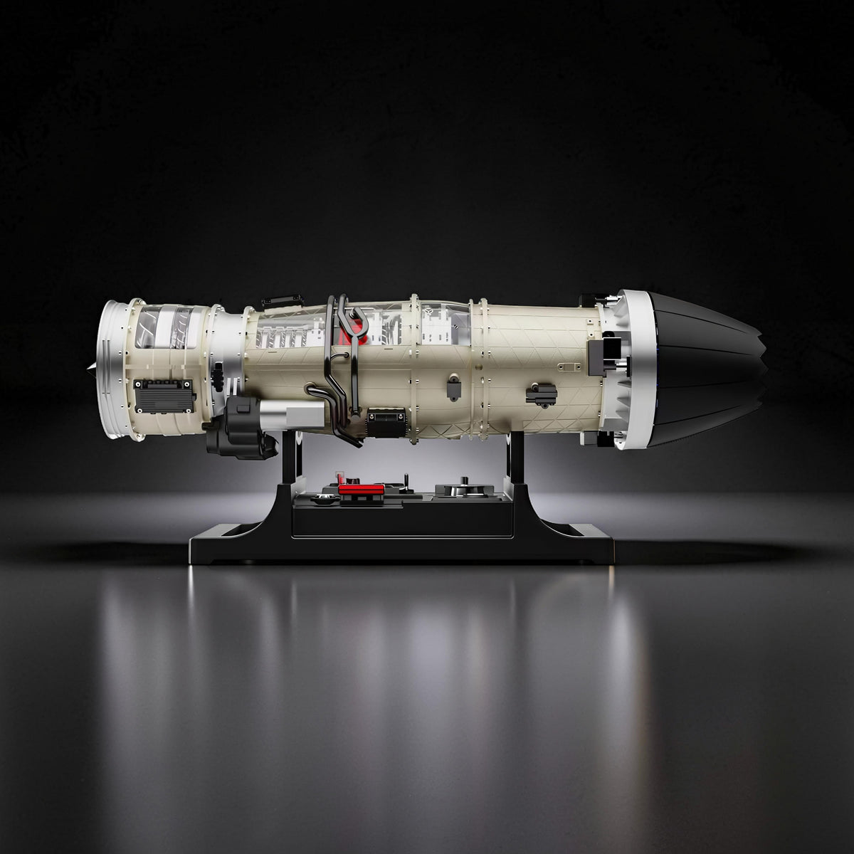 The Curious Mind Fighter Jet Turbofan DIY Kit, a detailed PLA model with visible internal components and a black nose cone, displayed on a black stand.