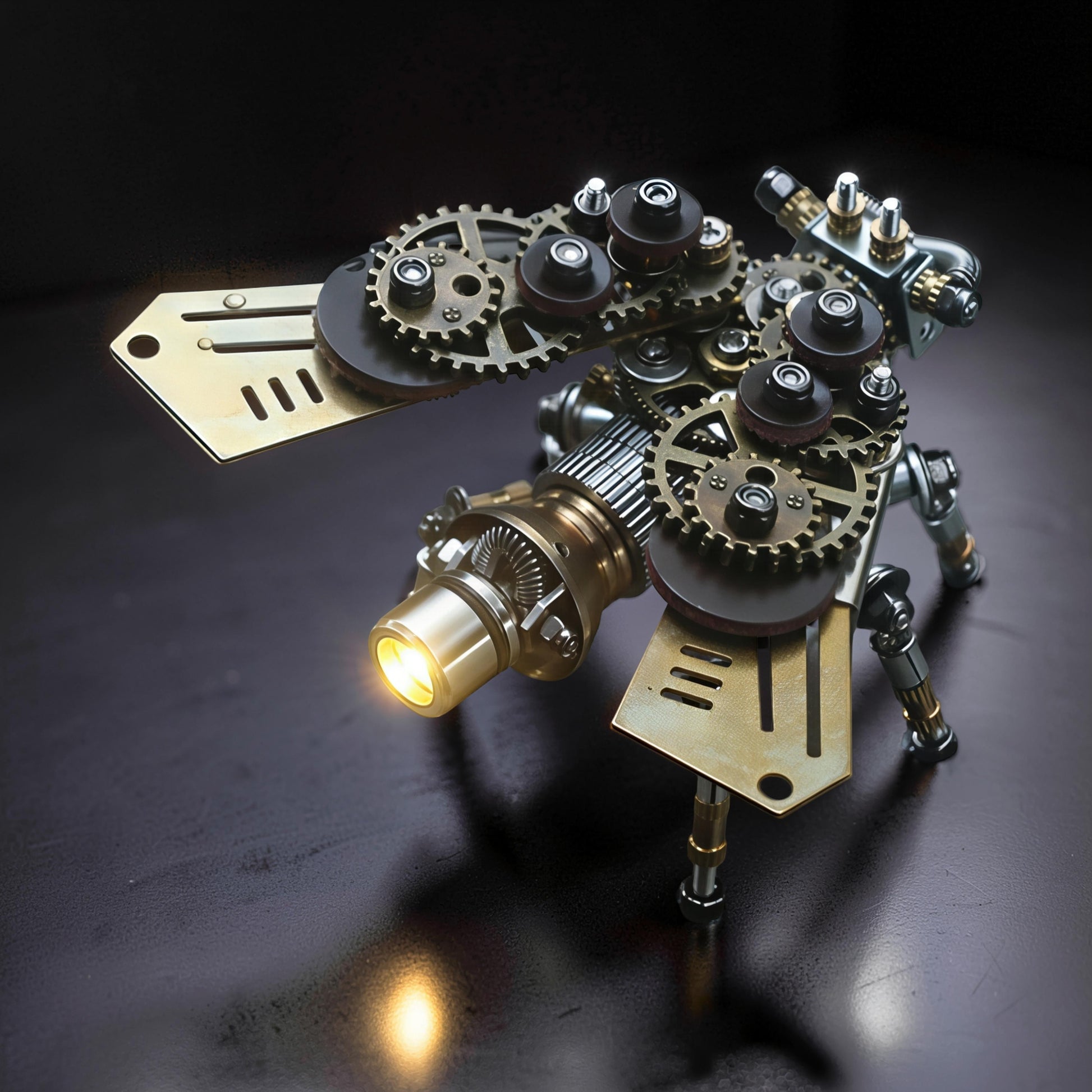 The Curious Mind Firefly premium 3D metal model kit with intricate gears and a glowing light.