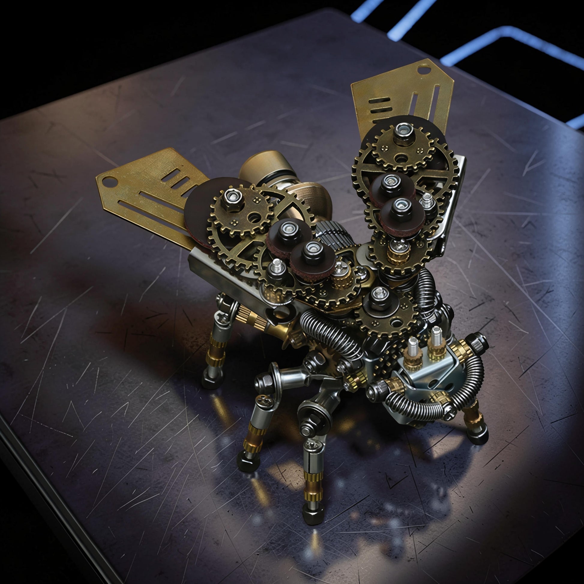 The Curious Mind Firefly 3D metal model kit with intricate gears and brass wings. Steampunk mechanical insect.
