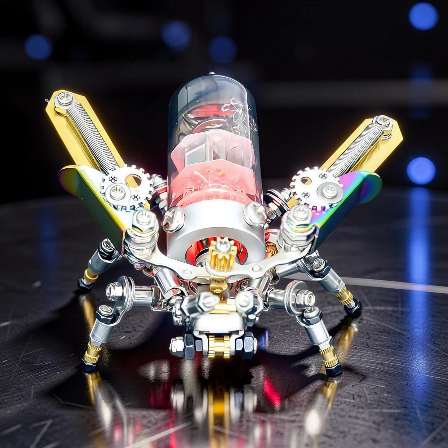 The Curious Mind Firefly punk-style 3D metal model kit, a mechanical insect with metallic silver, gold, and rainbow accents, featuring a glass cylinder body and intricate gears.