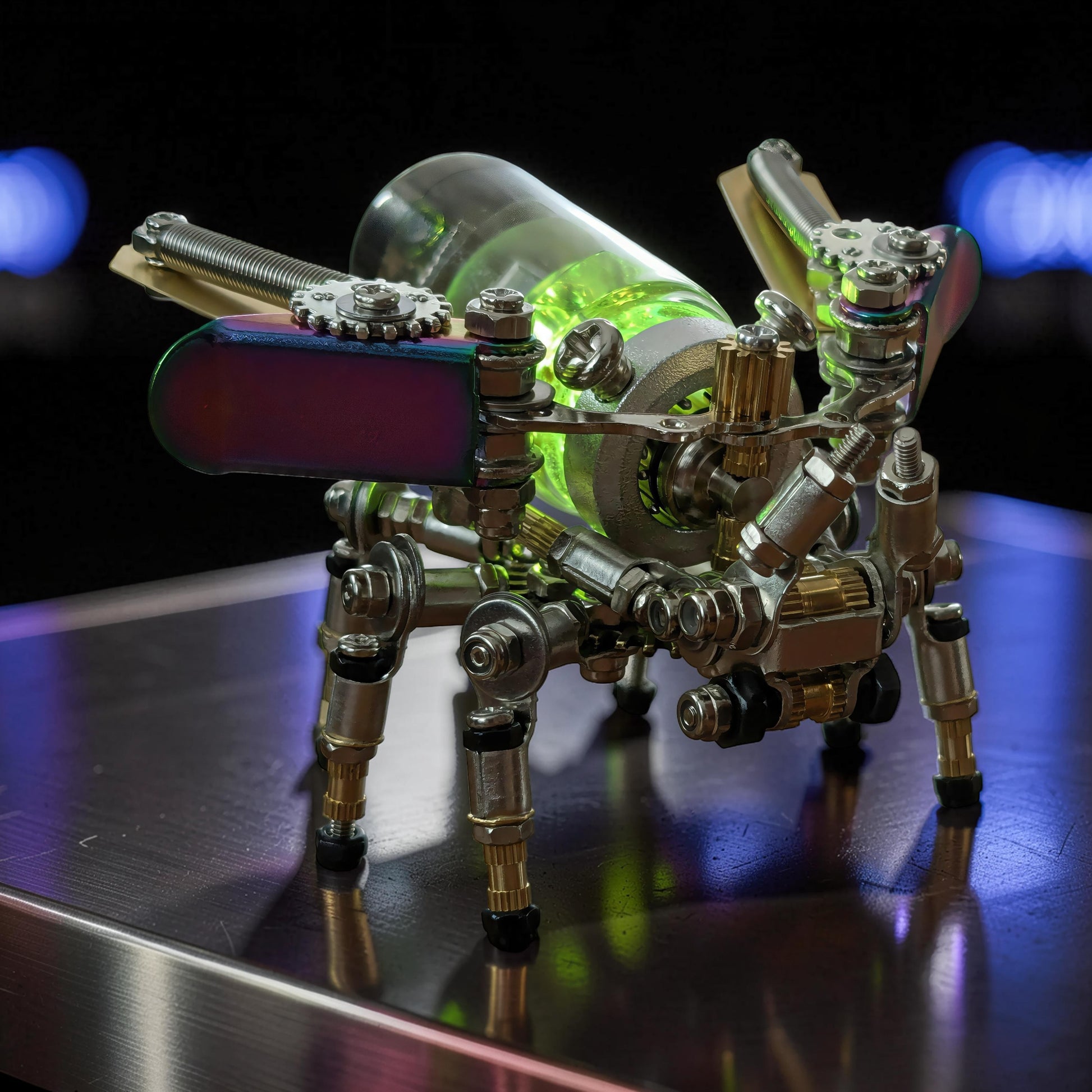 The Curious Mind Firefly punk-style 3D metal model kit, a steampunk insect with a glass body filled with green liquid, intricate metal parts, and iridescent wings.