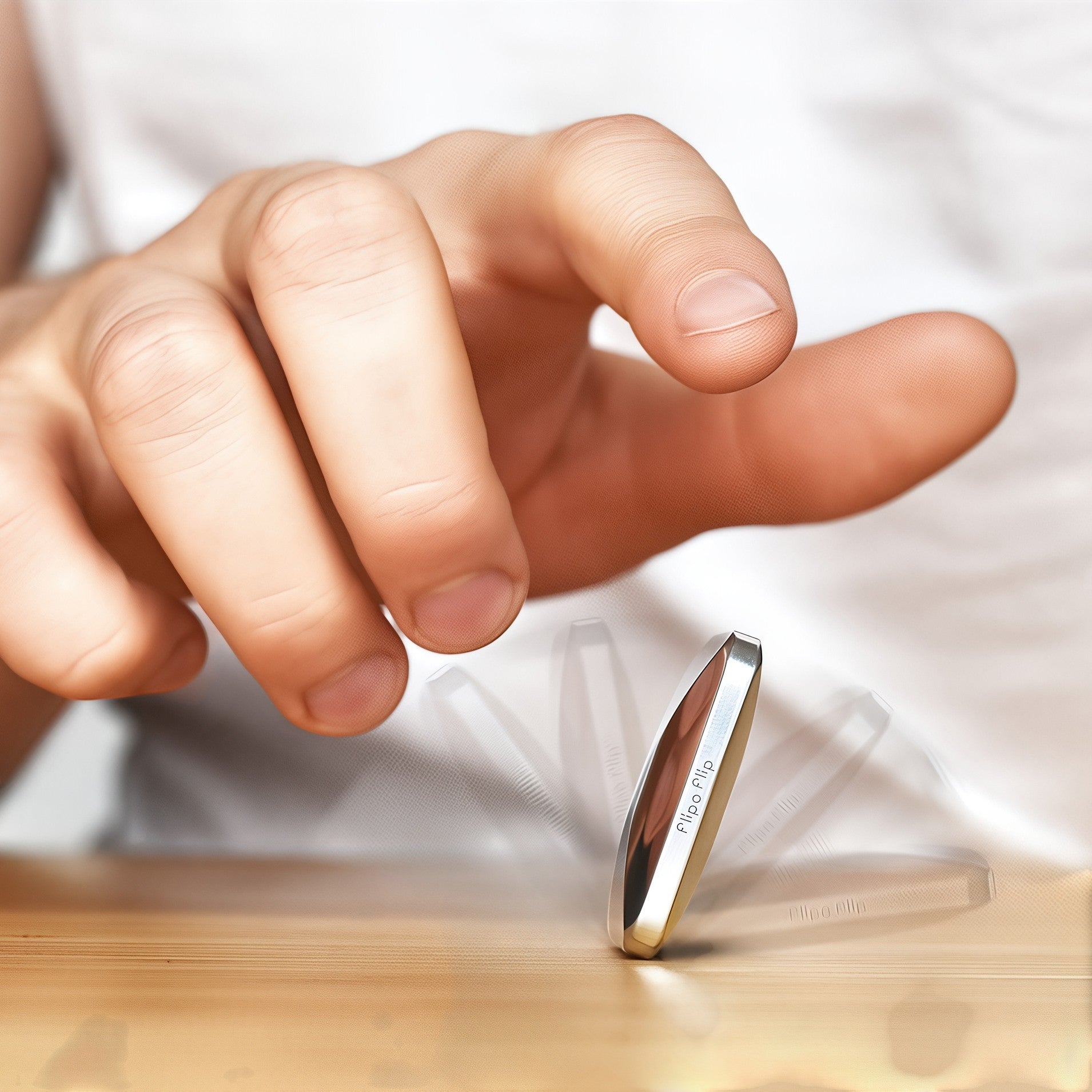 The Curious Mind Flipo Flip Square Desk Spinner, a premium kinetic sculpture made of brushed aluminum, spinning on a wooden surface.