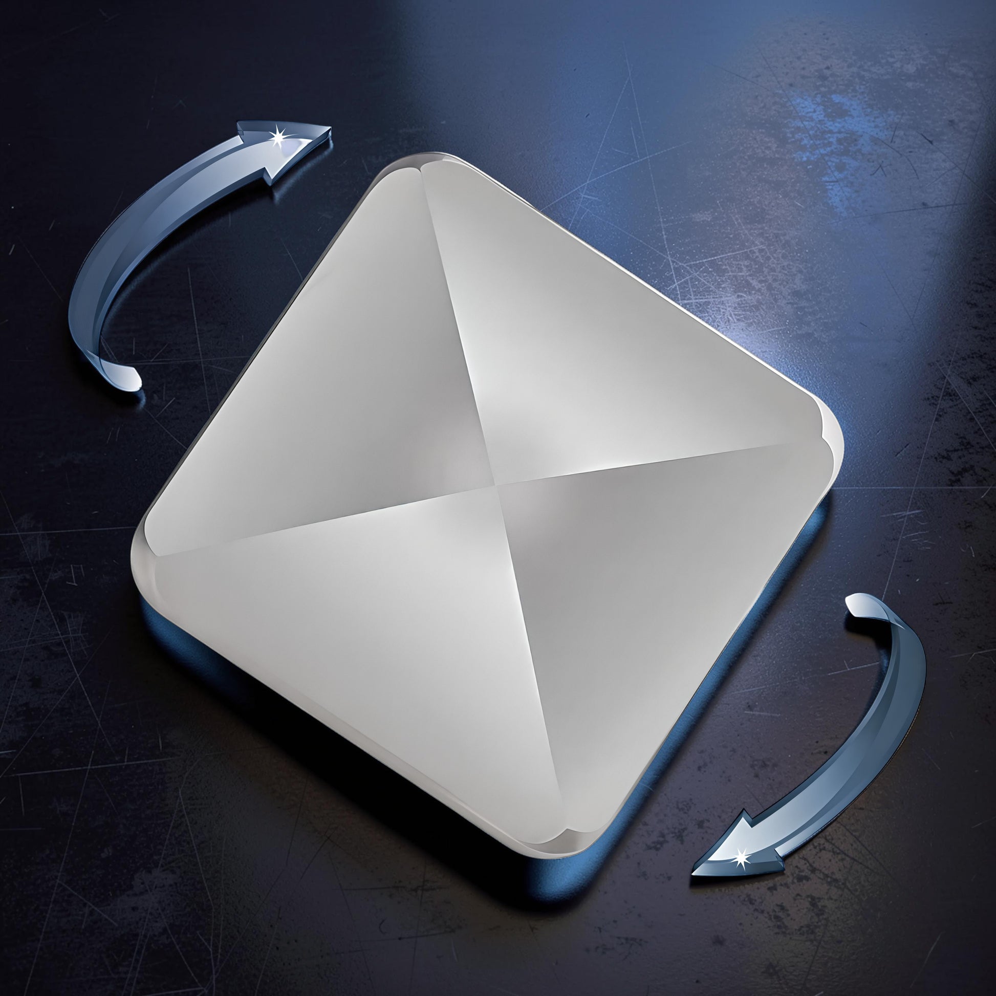 The Curious Mind Flipo Flip Square Desk Spinner, premium brushed aluminum, faceted design, kinetic sculpture for focus and stress relief.