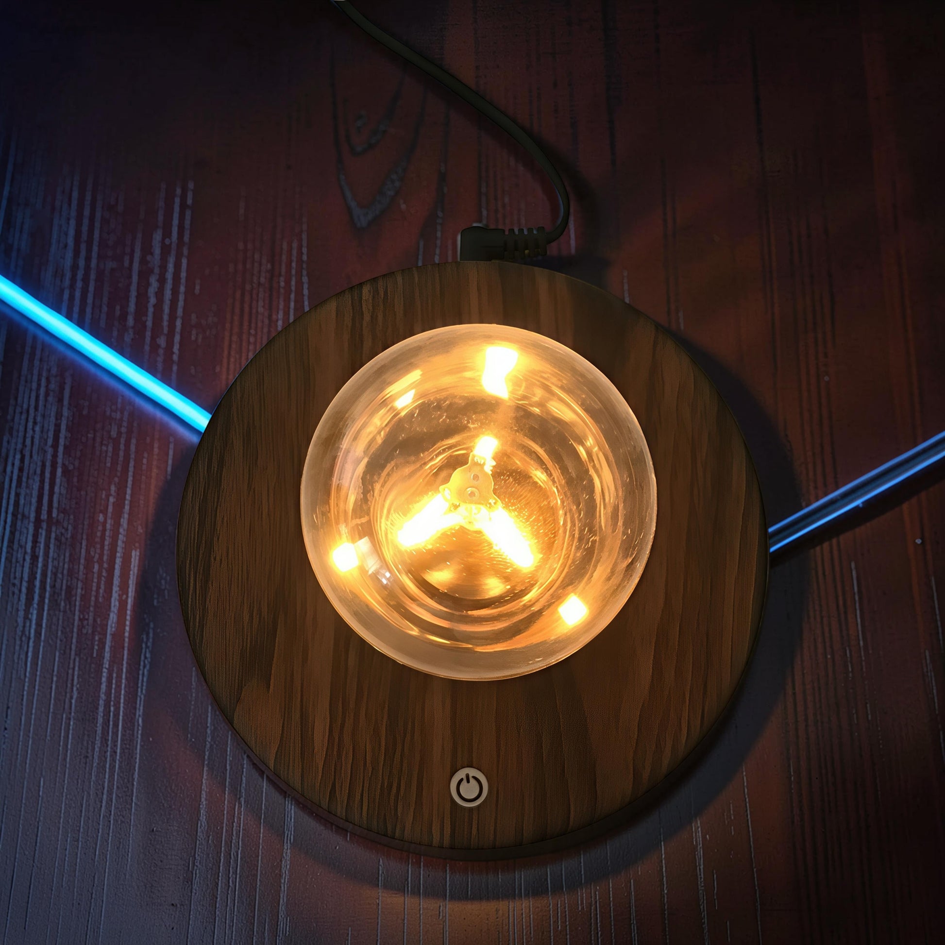 The Curious Mind High-Tech Suspended Floating Lights Desktop Ornament with wood base and glowing bulb.
