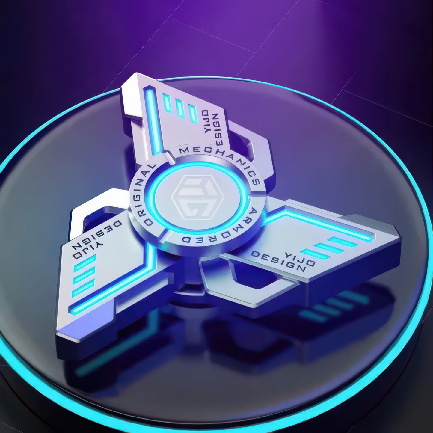 The Curious Mind Armoured Mech Glow Spinner: futuristic metal tri-spinner with glowing blue accents and armoured detailing.