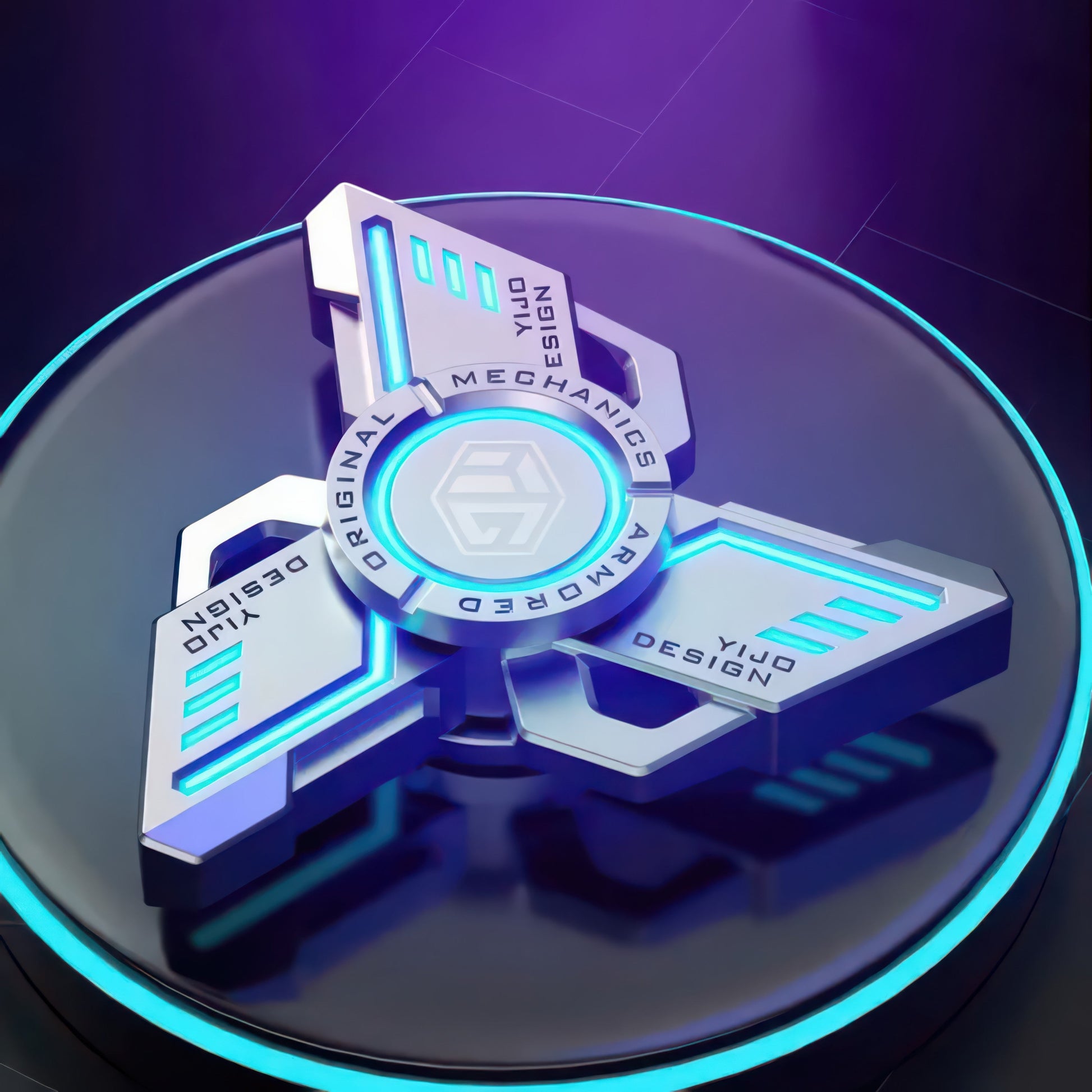 The Curious Mind Armoured Mech Glow Spinner: futuristic metal tri-spinner with glowing blue accents and armoured detailing.