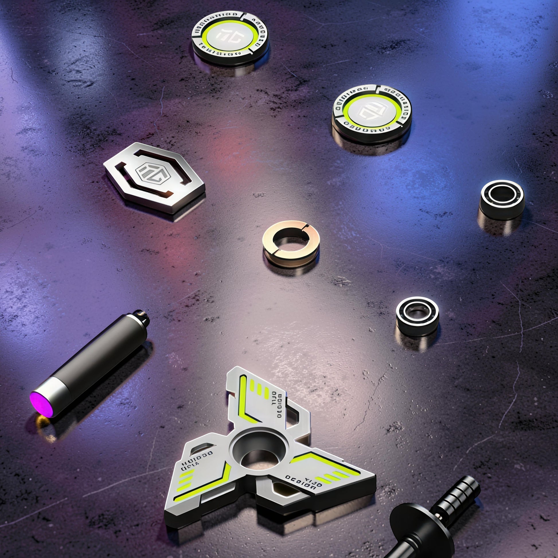The Curious Mind Armoured Mech Glow Spinner, a futuristic metal tri-spinner with silver, grey, and neon green accents.