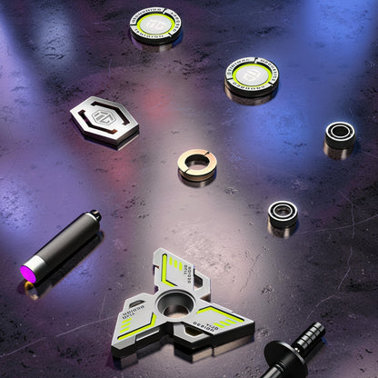 The Curious Mind Armoured Mech Glow Spinner, a futuristic metal tri-spinner with silver, grey, and neon green accents.