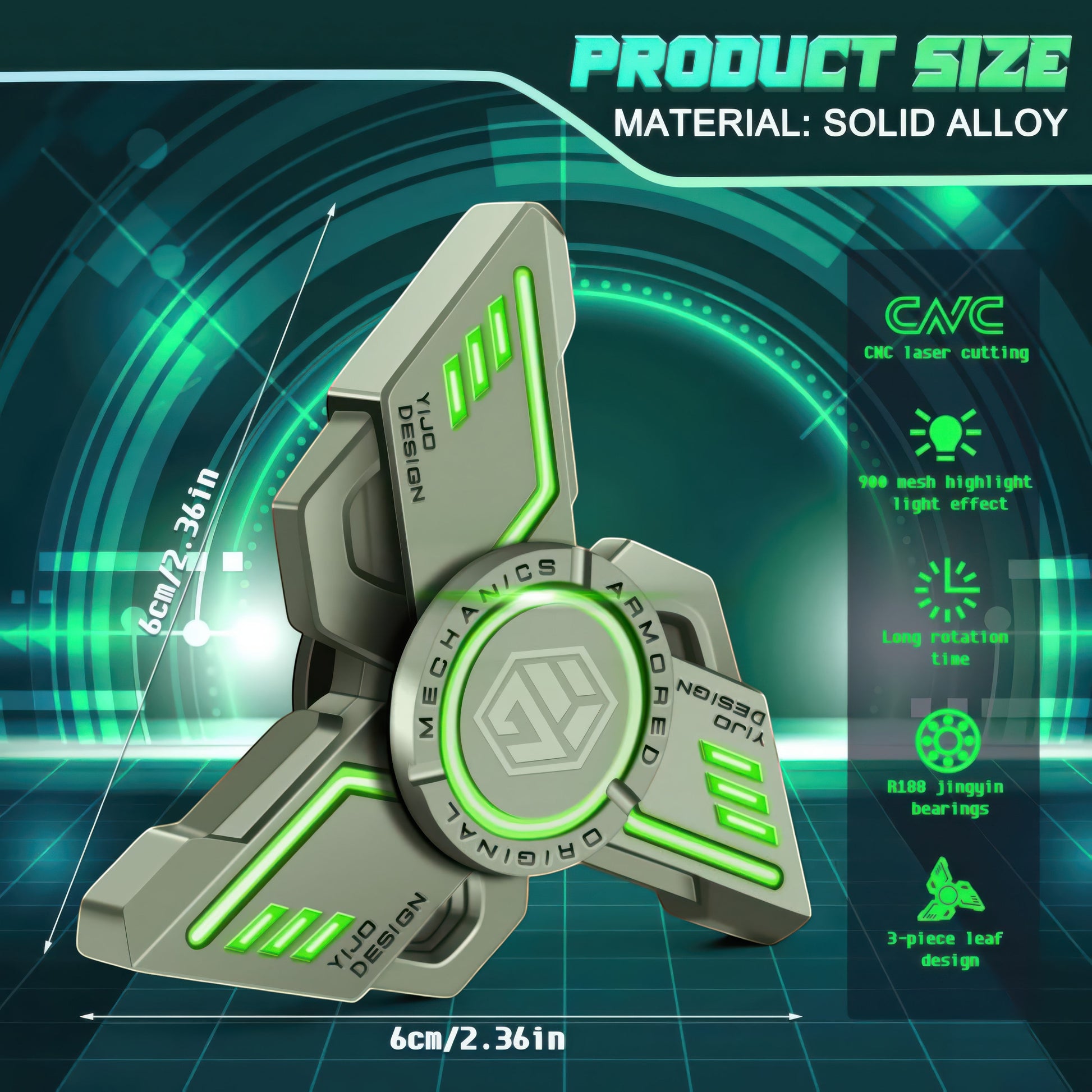 The Curious Mind Armoured Mech Glow Spinner: futuristic metal tri-spinner with green glow accents and armoured detailing.