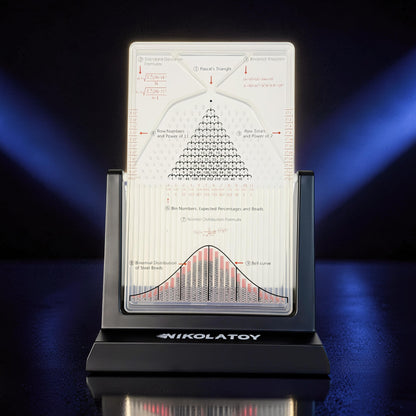 The Curious Mind Galton Board Distribution Model, a large acrylic and metal science display showing Pascal's Triangle, binomial theorem, and bell curve.