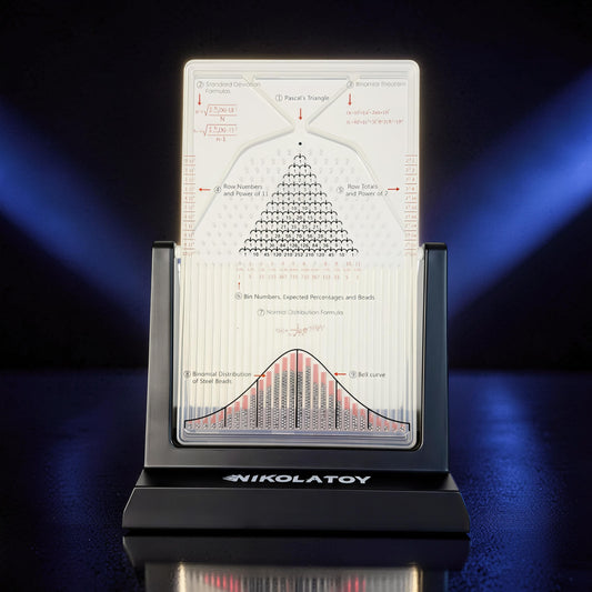 The Curious Mind Galton Board Distribution Model, a large acrylic and metal science display showing Pascal's Triangle, binomial theorem, and bell curve.