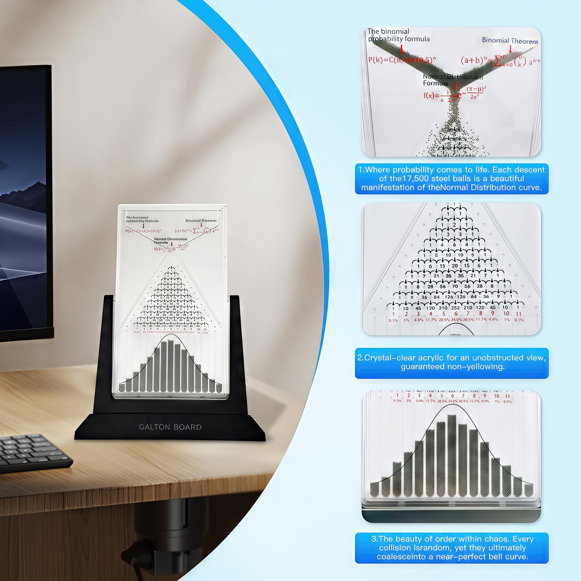 The Curious Mind Galton Board Distribution Model, a large acrylic and metal probability science display with steel balls forming a bell curve.