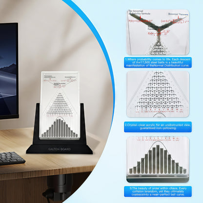The Curious Mind Galton Board Distribution Model, a large acrylic and metal probability science display with steel balls forming a bell curve.