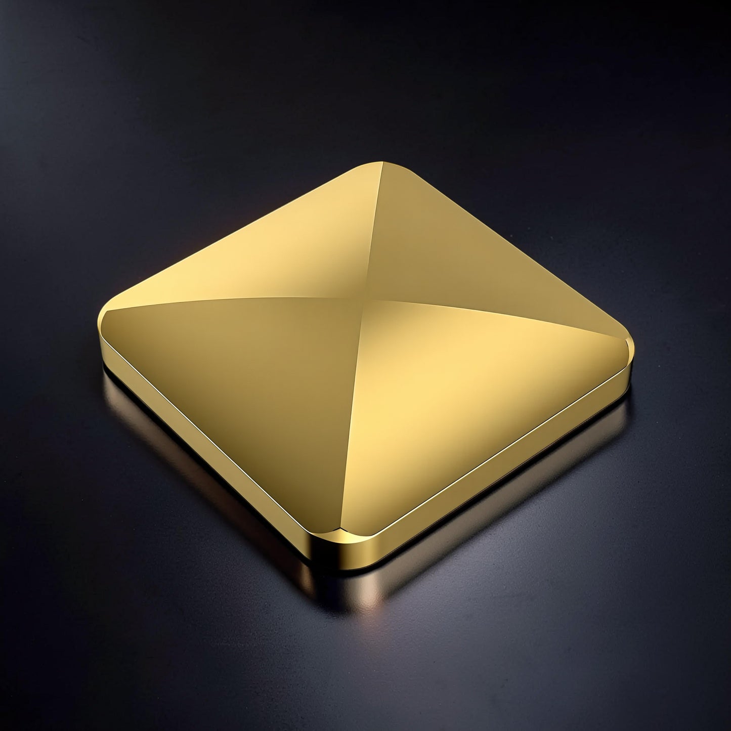 The Curious Mind Flipo Flip Square Desk Spinner, premium brushed aluminum kinetic sculpture with faceted design in gold.