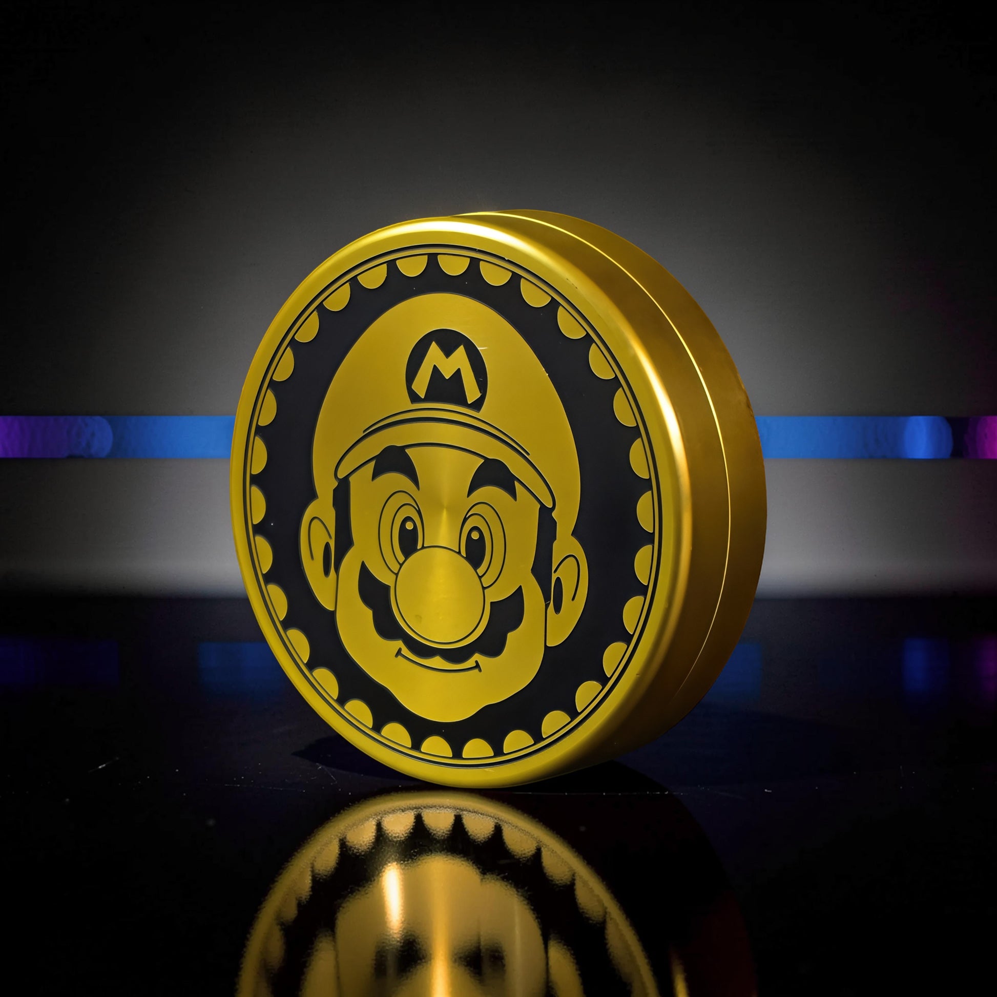 The Curious Mind Blacksmith Pop Coin Clicker, a gold metal fidget toy featuring Mario's face.
