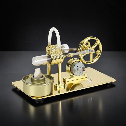 The Curious Mind Classic Stirling Engine DIY Kit, a gold metal model with glass cylinder and flywheel, on a black background.