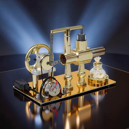 The Curious Mind Stirling Engine Model, a polished gold metal mechanical model with a flywheel, generator, and LED light, ideal for desktop display and engineering enthusiasts.