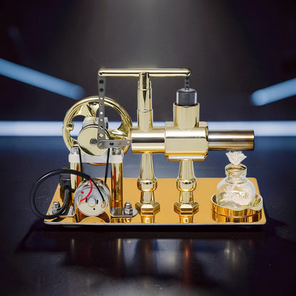 The Curious Mind Stirling Engine Model, a polished gold metal mechanical engine with a flywheel, generator, and LED light, on a display base.