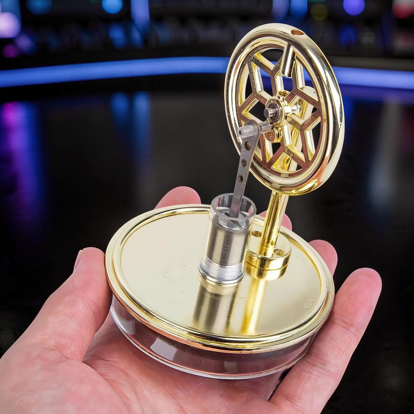 The Curious Mind Temperature Difference Stirling Engine Display Model, gold metal, mechanical demonstration, desktop decor.