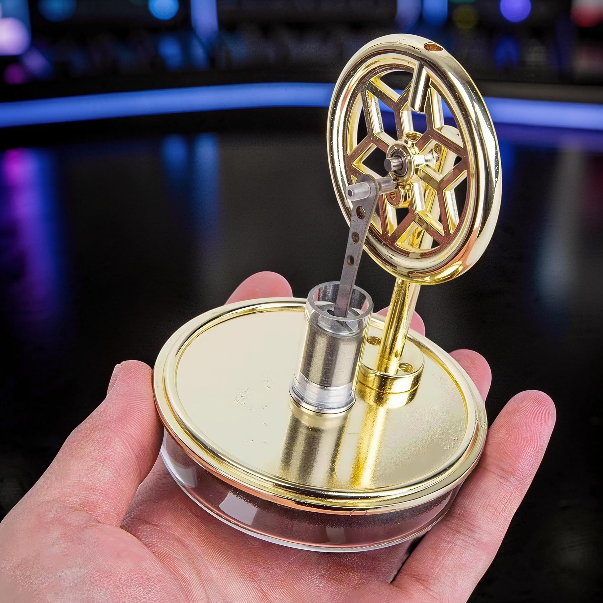 The Curious Mind Temperature Difference Stirling Engine Display Model, gold metal, mechanical demonstration, desktop decor.