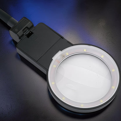 The Curious Mind Gooseneck LED Magnifier Desk Lamp with adjustable neck for detailed hobby work, electronics, and repairs.
