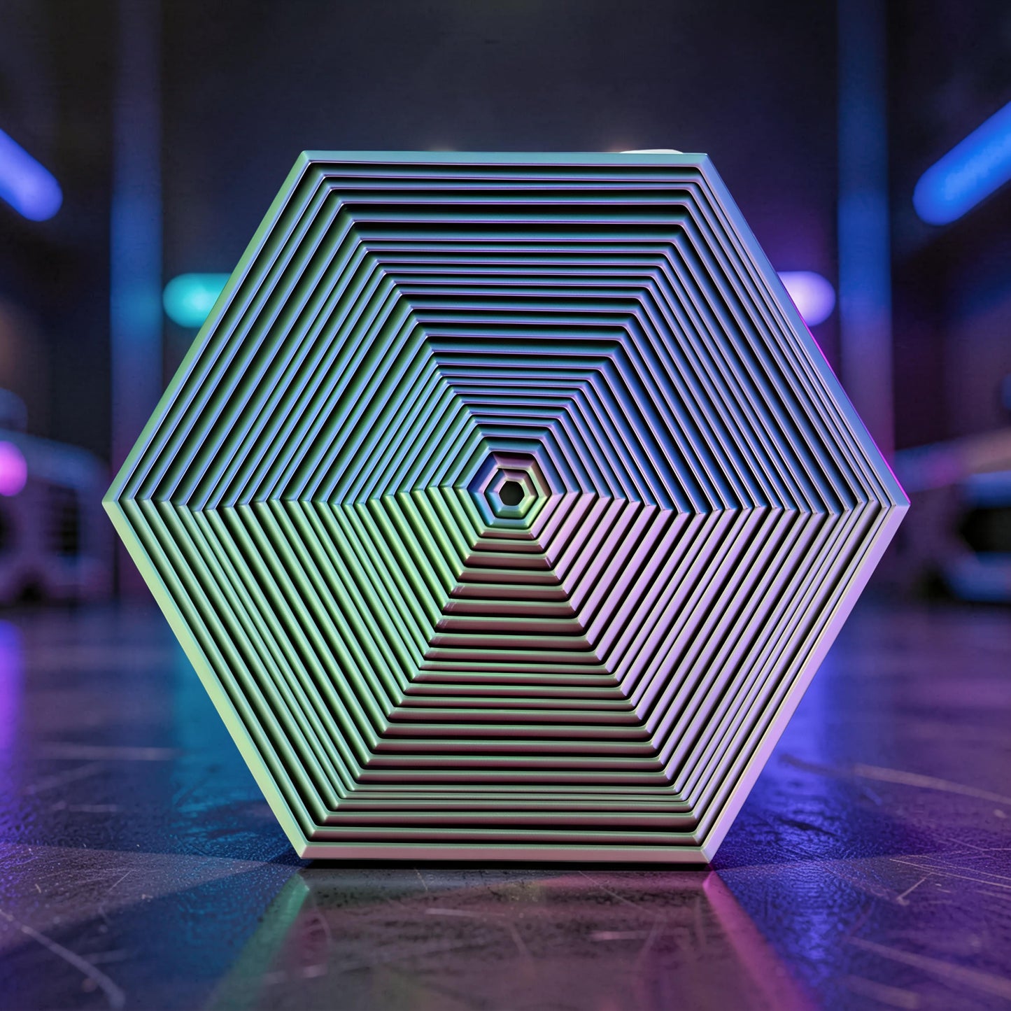 The Curious Mind Hexagon Push Fidget sensory clicker toy with layered geometric design and iridescent finish.