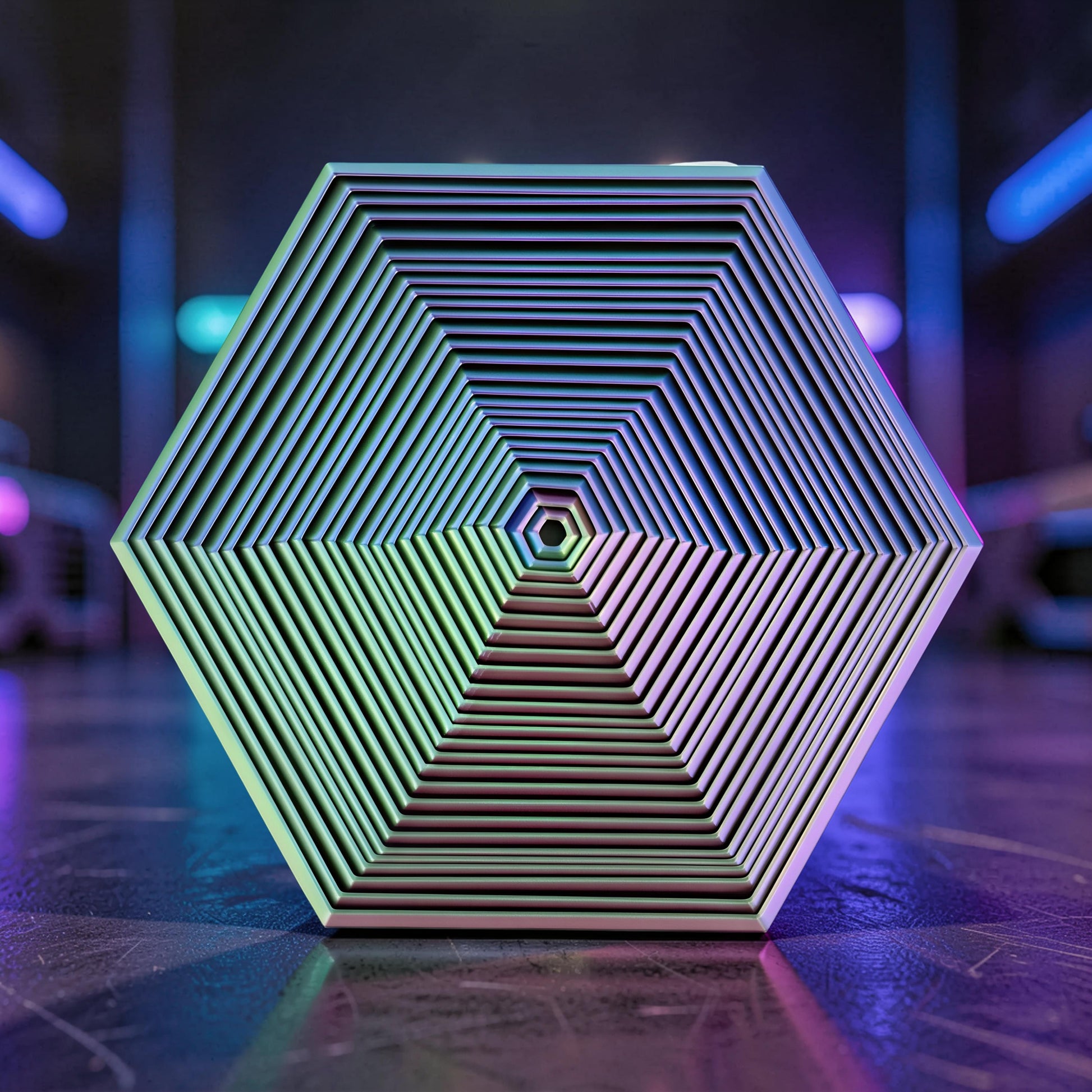 The Curious Mind Hexagon Push Fidget sensory clicker toy with layered geometric design and iridescent finish.