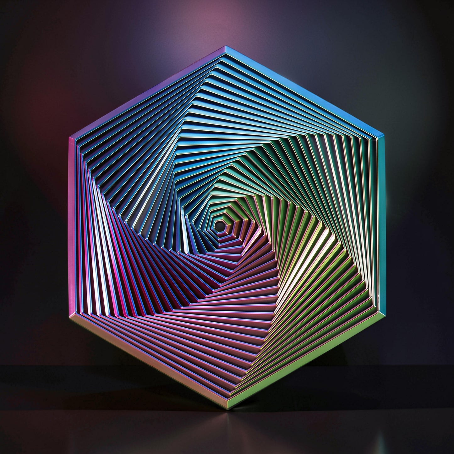 The Curious Mind Hexagon Push Fidget sensory toy with iridescent metallic finish, offering tactile feedback and stress relief.