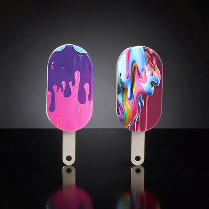 The Curious Mind Ice Cream Push Card Clicker fidget toy with vibrant pink and purple dripping design or abstract colourful fluid art.