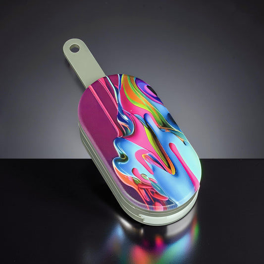 The Curious Mind Ice Cream Push Card Clicker fidget toy with vibrant abstract paint splatter design. Metal construction.