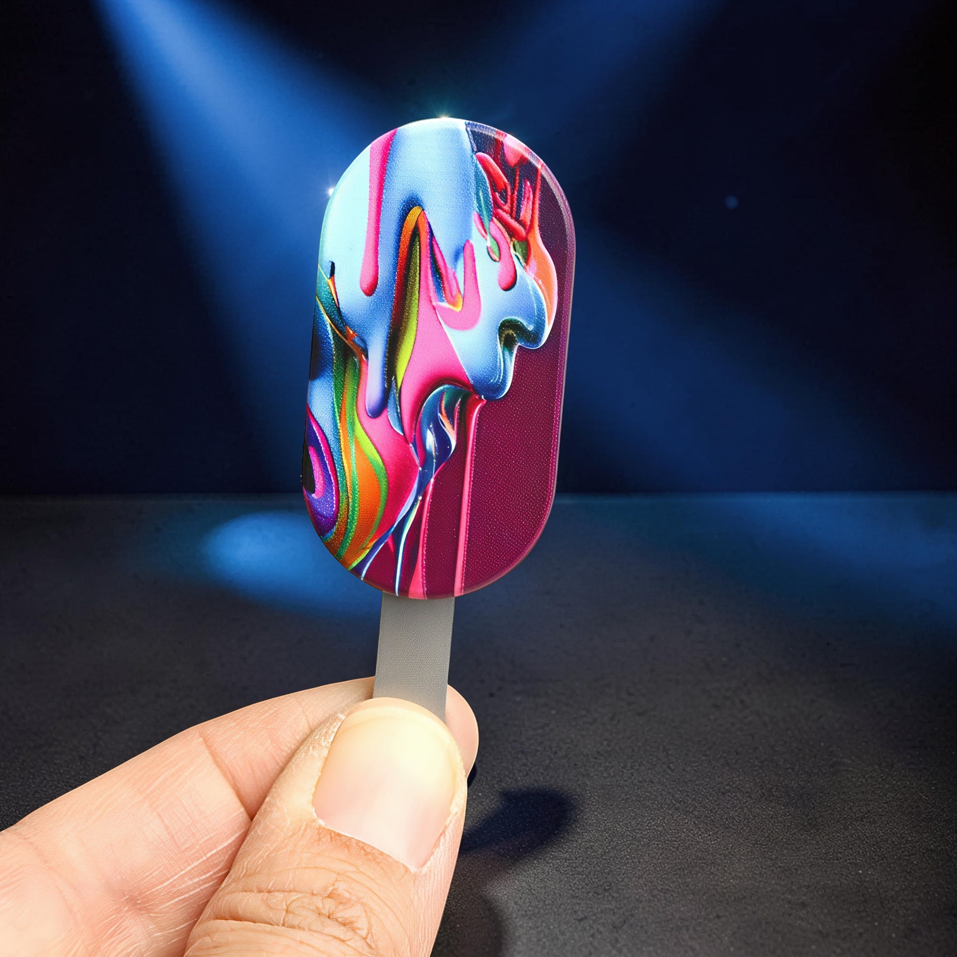 The Curious Mind Ice Cream Push Card Clicker fidget toy with colorful abstract design. Metal construction.