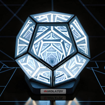 The Curious Mind Infinite Space Abyss Dodecahedron LED Night Light with white glowing geometric patterns.