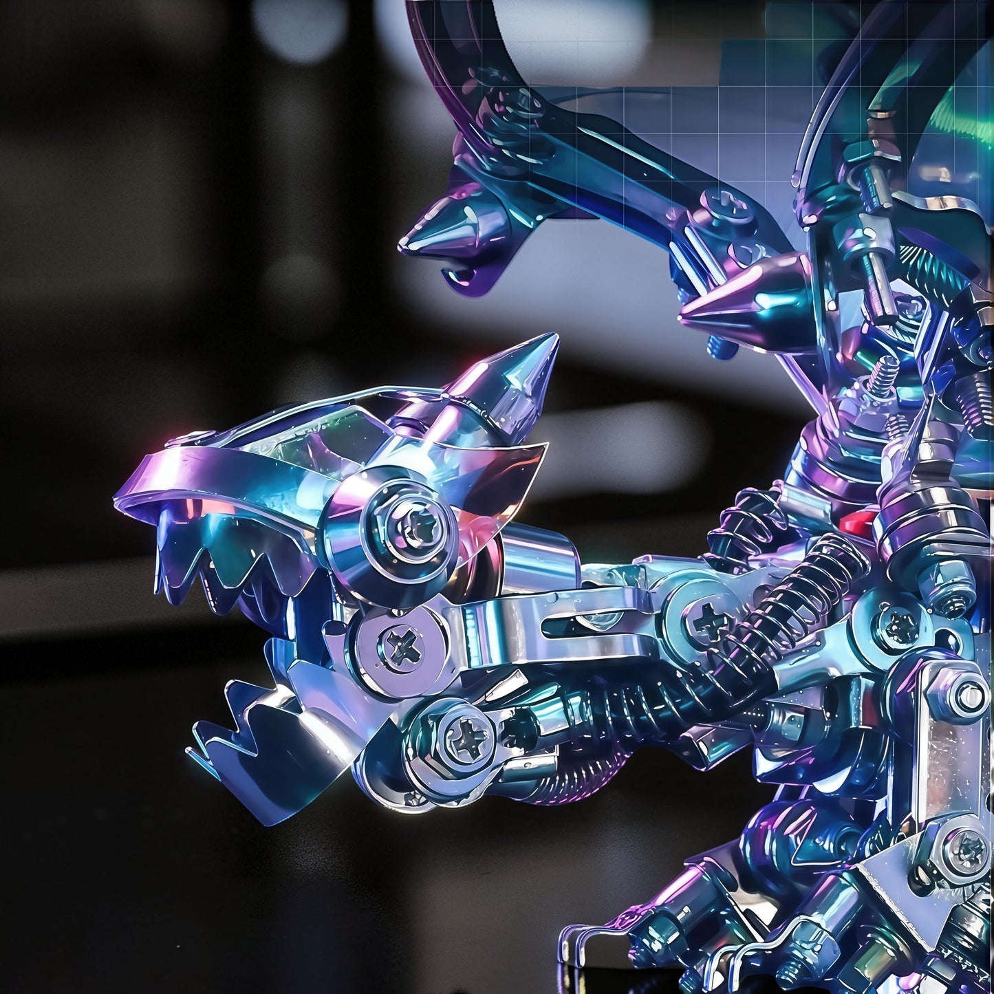 The Curious Mind Iridescent Wings Dragon 3D metal model kit, detailed mechanical dragon with iridescent blue and purple finish.