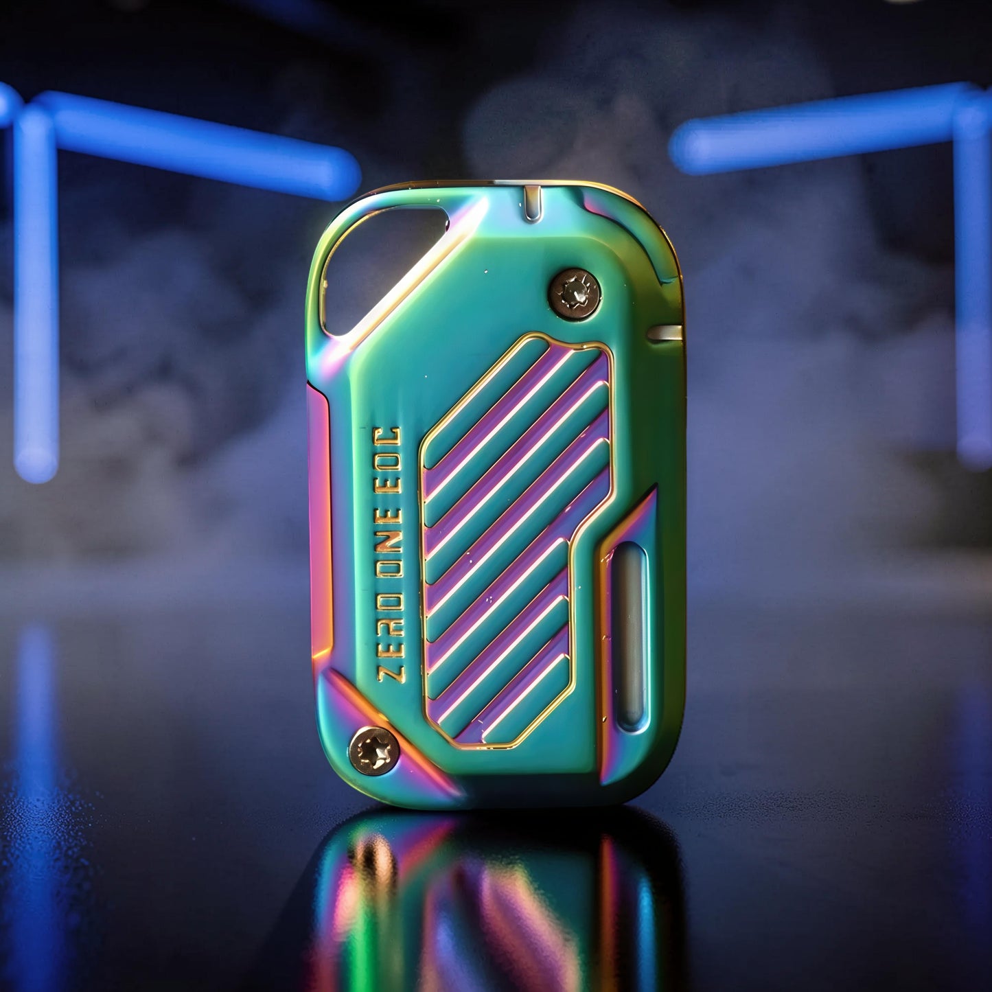The Curious Mind Iridescent Chip Slider fidget toy with push-and-return action. Compact metal design with a textured grip.