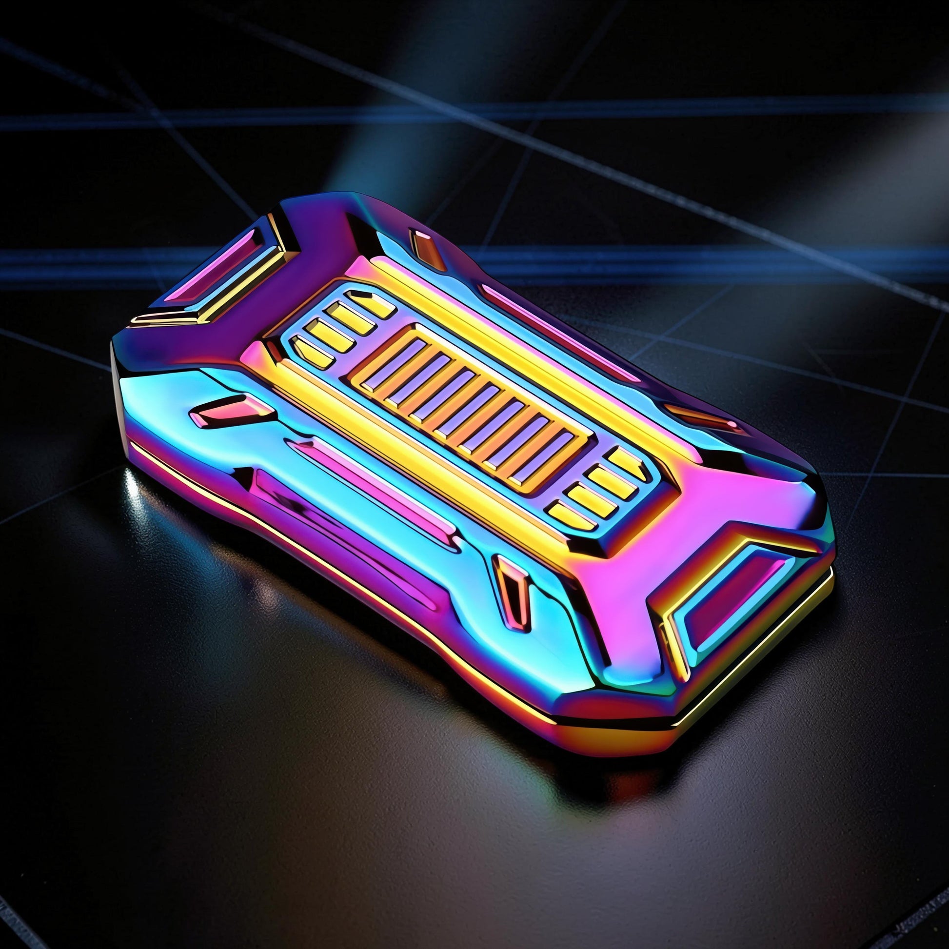 The Curious Mind Mini Sportscar Slider Fidget toy in iridescent metal with a block-style design and tactile push movement.