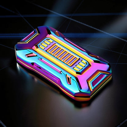 The Curious Mind Mini Sportscar Slider Fidget toy in iridescent metal with a block-style design and tactile push movement.
