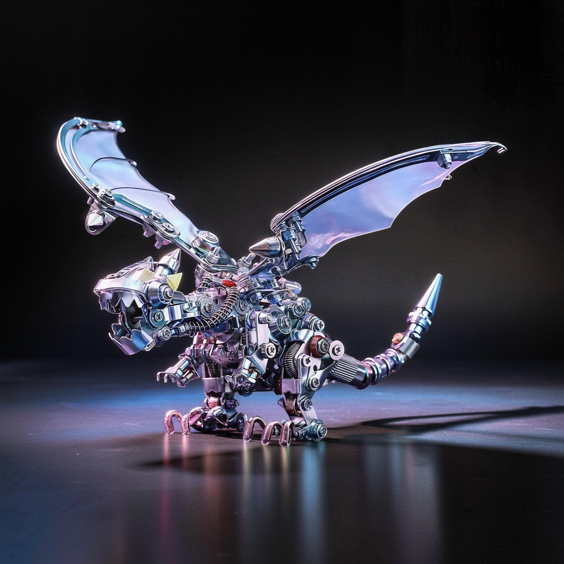 The Curious Mind Iridescent Wings Dragon 3D metal model kit, featuring intricate mechanical details, metallic finish, and iridescent wings.