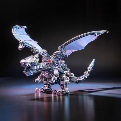 The Curious Mind Iridescent Wings Dragon 3D metal model kit, featuring intricate mechanical details, metallic finish, and iridescent wings.