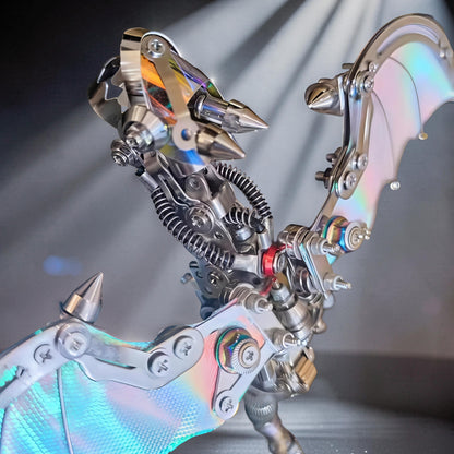 The Curious Mind Iridescent Wings Dragon metal model kit, featuring intricate mechanical details and iridescent wings. A detailed steampunk-inspired dragon.