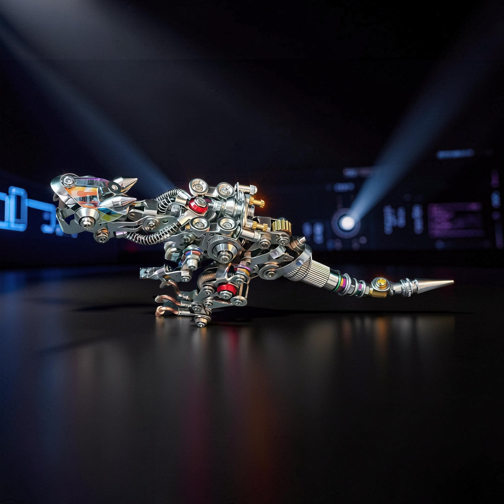 The Curious Mind Iridescent Wings Dragon 3D metal model kit, a detailed steampunk-inspired mechanical dinosaur with intricate metal parts and colorful accents.