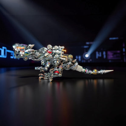 The Curious Mind Iridescent Wings Dragon 3D metal model kit, a detailed steampunk-inspired mechanical dinosaur with intricate metal parts and colorful accents.
