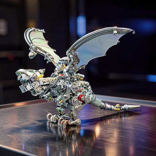 The Curious Mind Iridescent Wings Dragon 3D metal model kit with intricate mechanical details and iridescent wings.