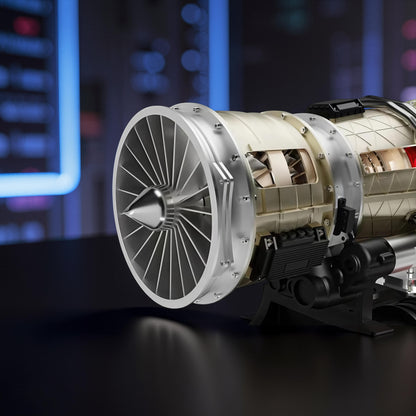 The Curious Mind Fighter Jet Turbofan DIY Kit, a detailed PLA model with visible internal components and a silver fan.