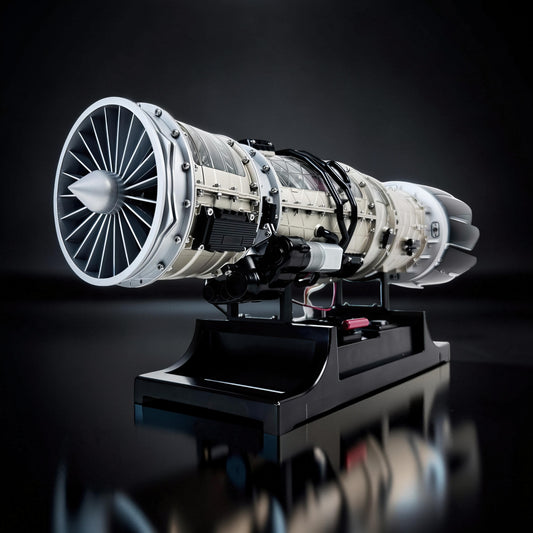 The Curious Mind fighter jet turbofan DIY kit model, made of PLA, with intricate details and a display stand.
