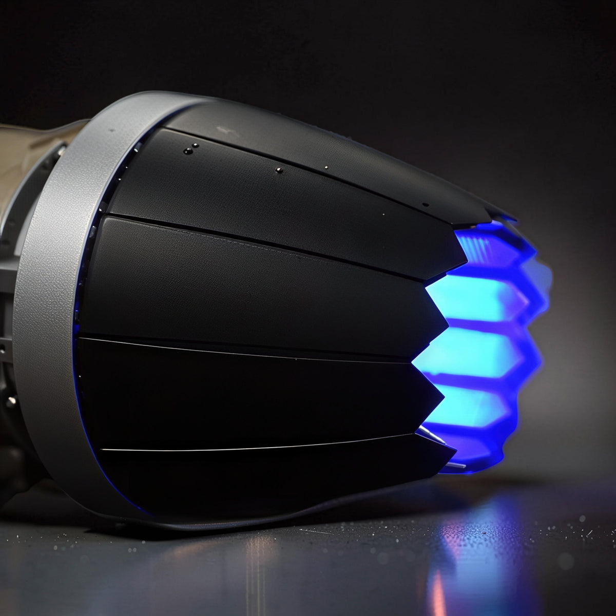 The Curious Mind Fighter Jet Turbofan DIY Kit with illuminated blue engine exhaust. Black and silver PLA model.