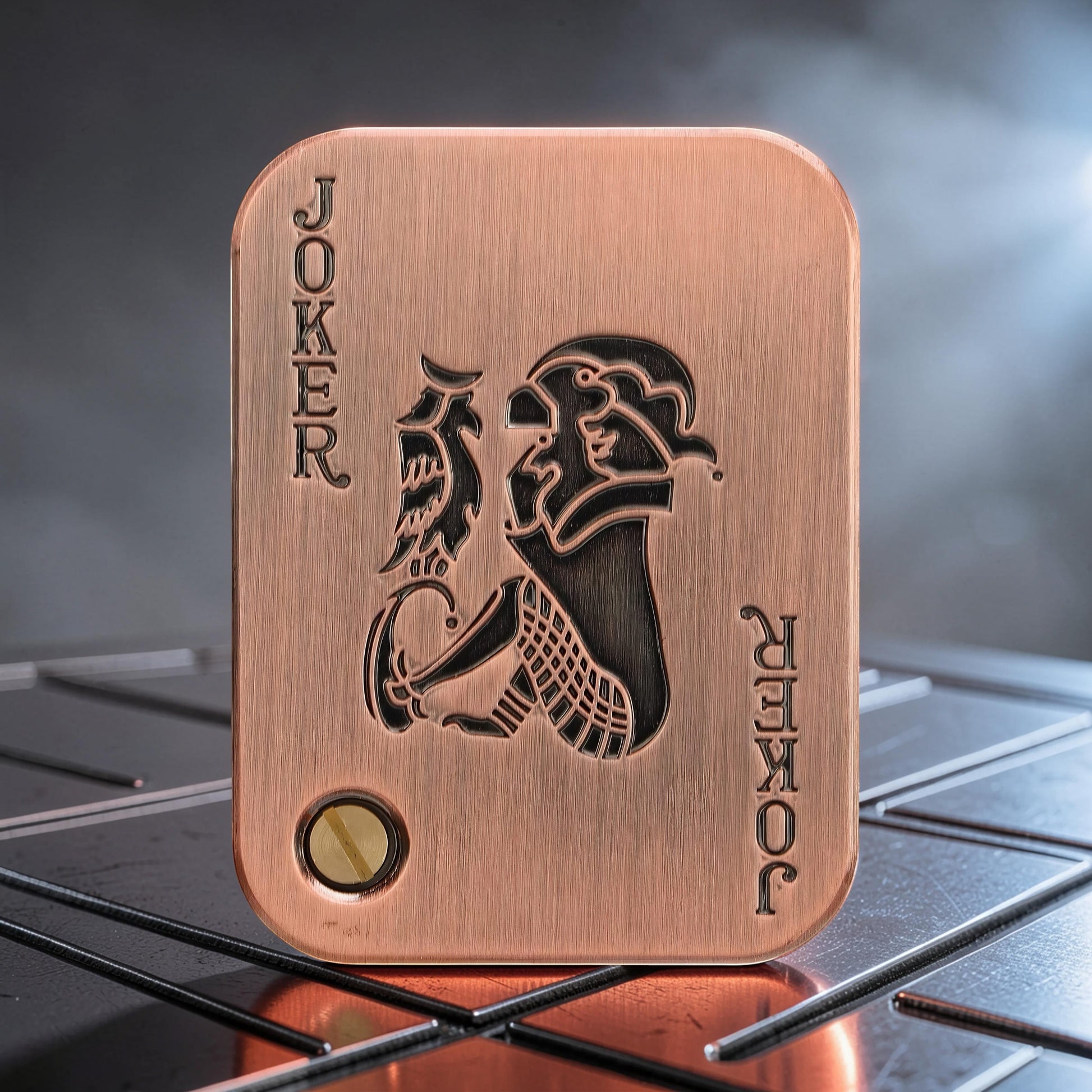 The Curious Mind Joker Poker magnetic slider fidget toy, copper metal with engraved joker design and tactile push-and-return action.