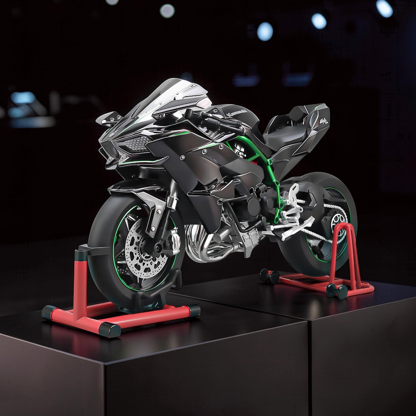 The Curious Mind Kawasaki H2R 1/6 diecast motorcycle model in black with green accents, displayed on a red stand.