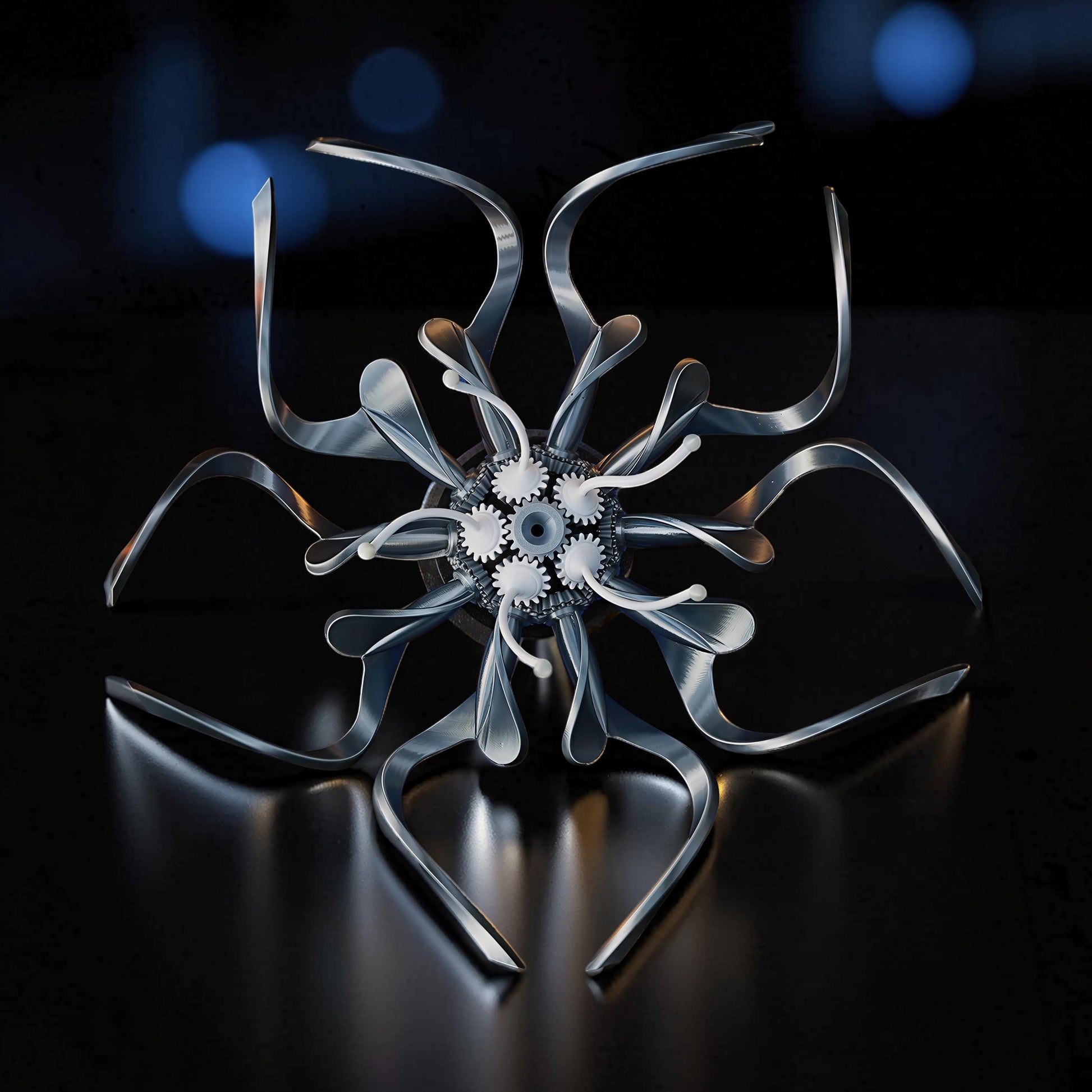 The Curious Mind Mechanical Kinetic Flowers Sculpture, polished metal with intricate gears and LED lights. Gallery Edition.