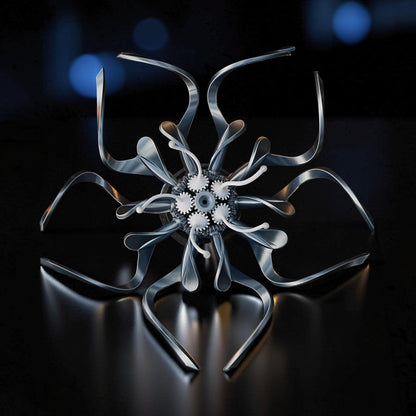 The Curious Mind Mechanical Kinetic Flowers Sculpture, polished metal with intricate gears and LED lights. Gallery Edition.